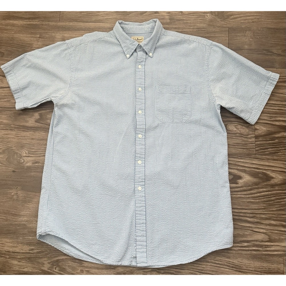 L.L. Bean‎ Wrinkle Resistant Shirt Gingham Blue White 100% Cotton Size Large